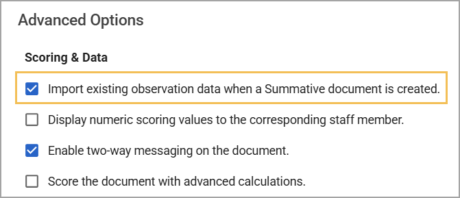 Options for importing observation data when a Summative document is created.